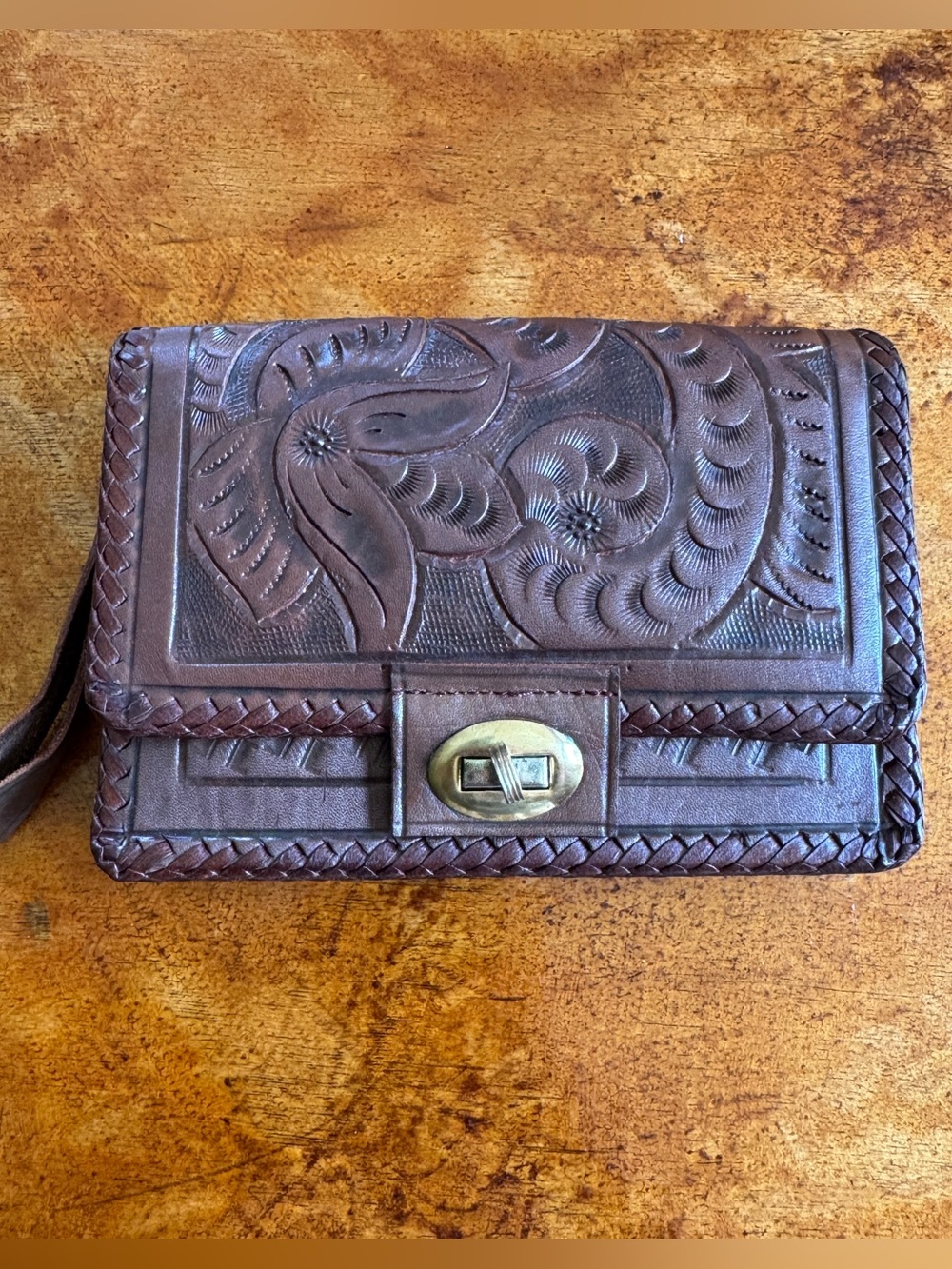 Gaitan Vintage Tooled Leather Clutch Wristlet Mexico Brown Floral Western Boho